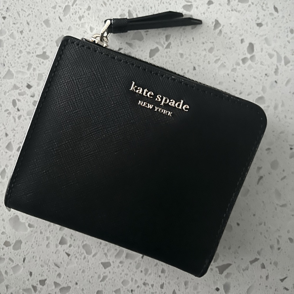 Kate Spade black compact zip around bifold wallet